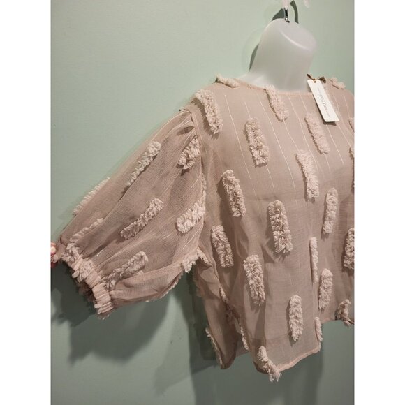 New Yuni Los Angeles Tan Sheer Puff Short Sleeve Top 3D Puff Accents Sz S - Picture 3 of 8